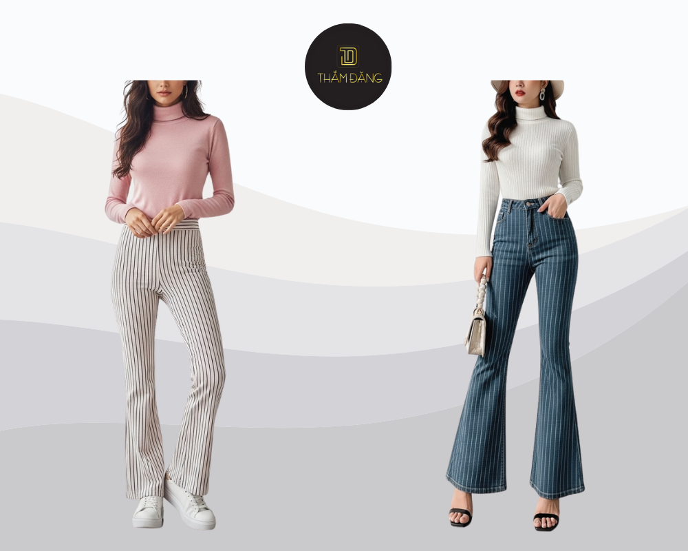 Mix quần ống loe sọc dọc áo len cổ lọ tạo style thanh lịch và tôn dáng.