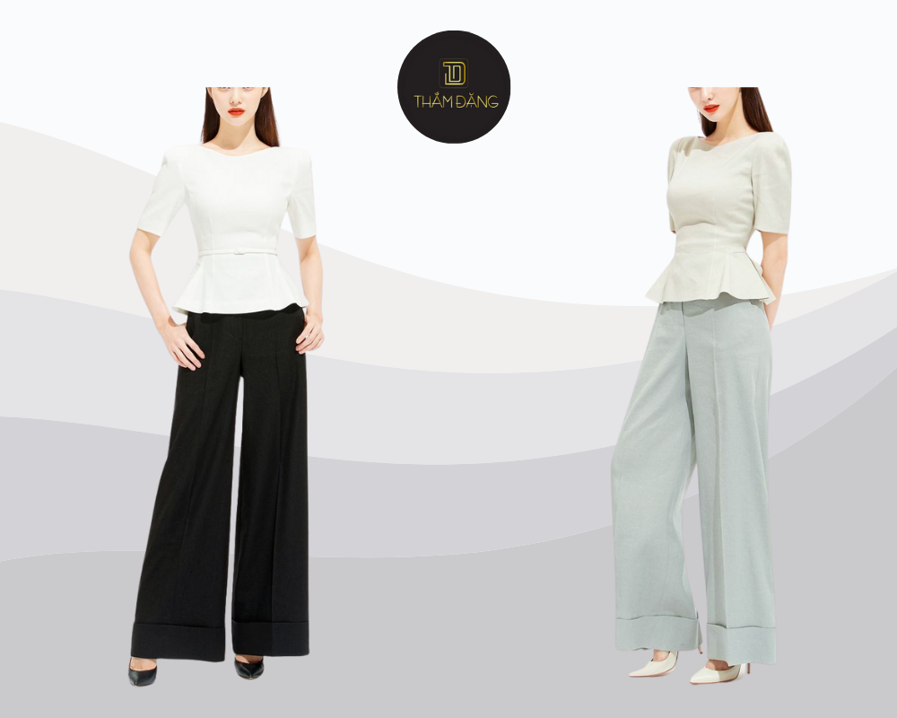 Quần ống loe và áo peplum tạo dáng thon gọn nữ tính thanh lịch duyên dáng.