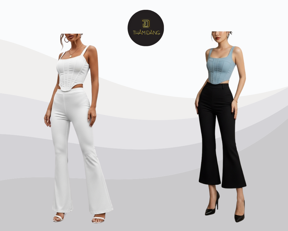 Quần ống loe và áo corset tôn dáng tạo phong cách sang trọng quyến rũ.