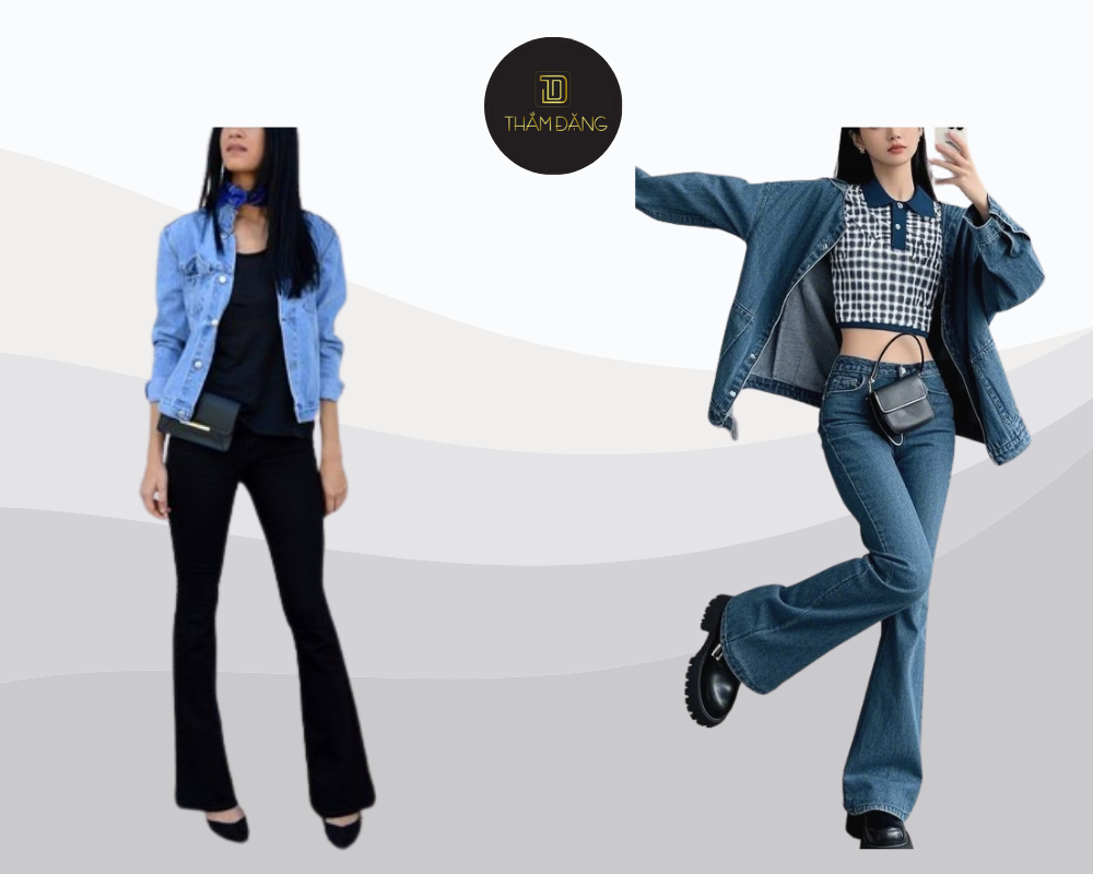 Phối quần ống loe cùng áo khoác denim tạo phong cách trẻ trung năng động.