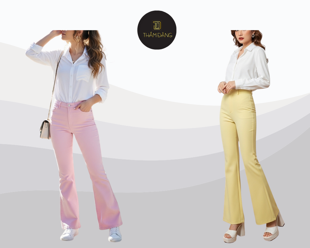 Quần ống loe pastel và sơ mi trắng tạo nên vẻ thanh lịch tươi sáng.