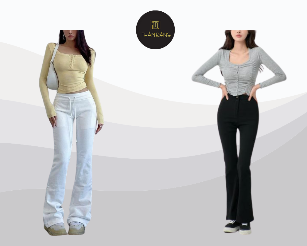 Quần ống loe croptop dài tay phối giày thể thao phong cách trẻ trung năng động.