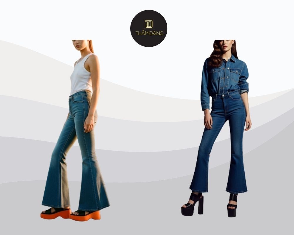 Quần bò ống loe kết hợp với giày gì? Sandals bánh mì hoặc platform phối quần ống loe giúp tăng chiều cao, tạo vẻ cá tính, trẻ trung, hợp phong cách retro