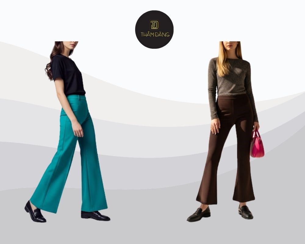 Giày loafer phối quần ống loe tạo vẻ thanh lịch, tiện dụng, phù hợp phong cách công sở, vintage và dễ dàng kết hợp cùng túi xách da, khăn lụa cho nhiều dịp.