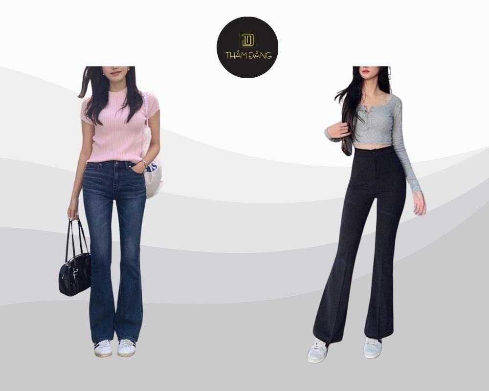 Nếu chưa biết quần ống loe đi giày gì, hãy thử phối với sneaker trắng basic tạo phong cách năng động và trẻ trung