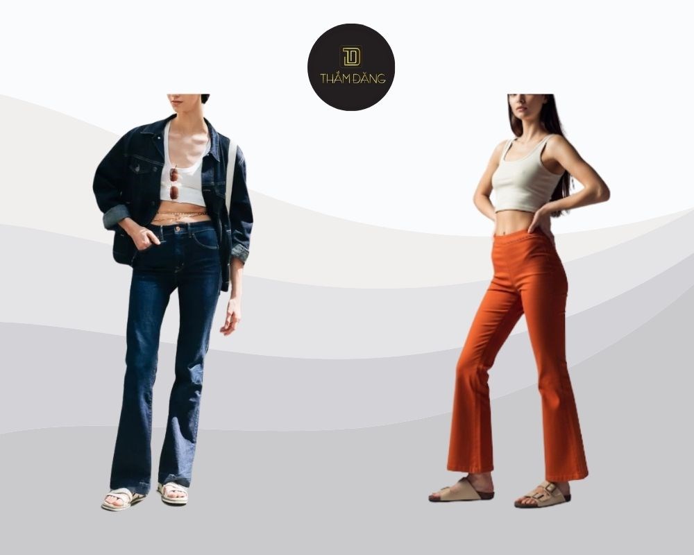 Sandals cao gót, sandals dây hoặc sandals bánh mì là lựa chọn tuyệt vời để phối cùng quần ống loe, mang đến vẻ ngoài nhẹ nhàng