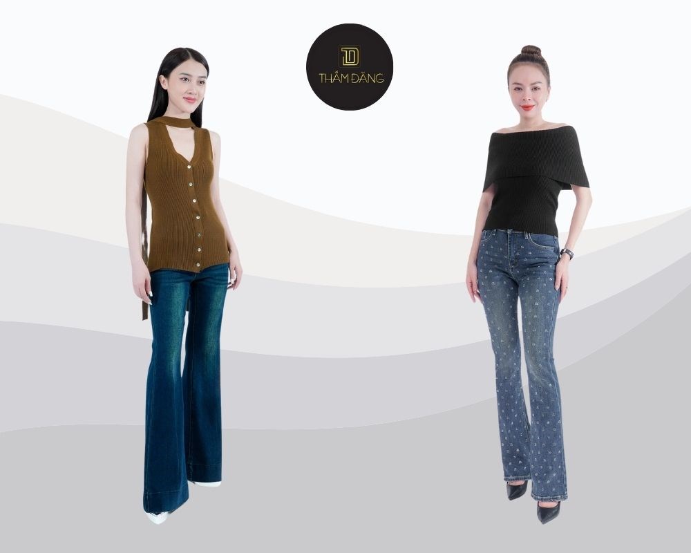 Quần ống loe denim tại Thắm Đặng mang đến vẻ đẹp vừa cổ điển vừa hiện đại, nổi bật cho mọi dịp dạo phố