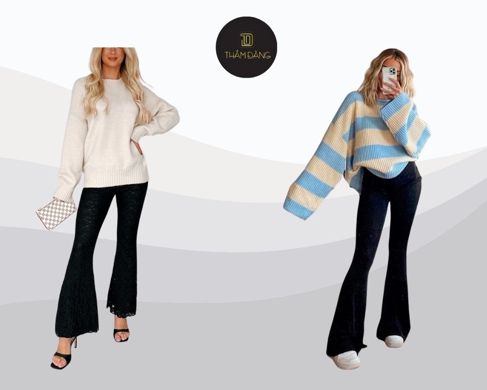 áo len oversize và quần ống loe thanh lịch