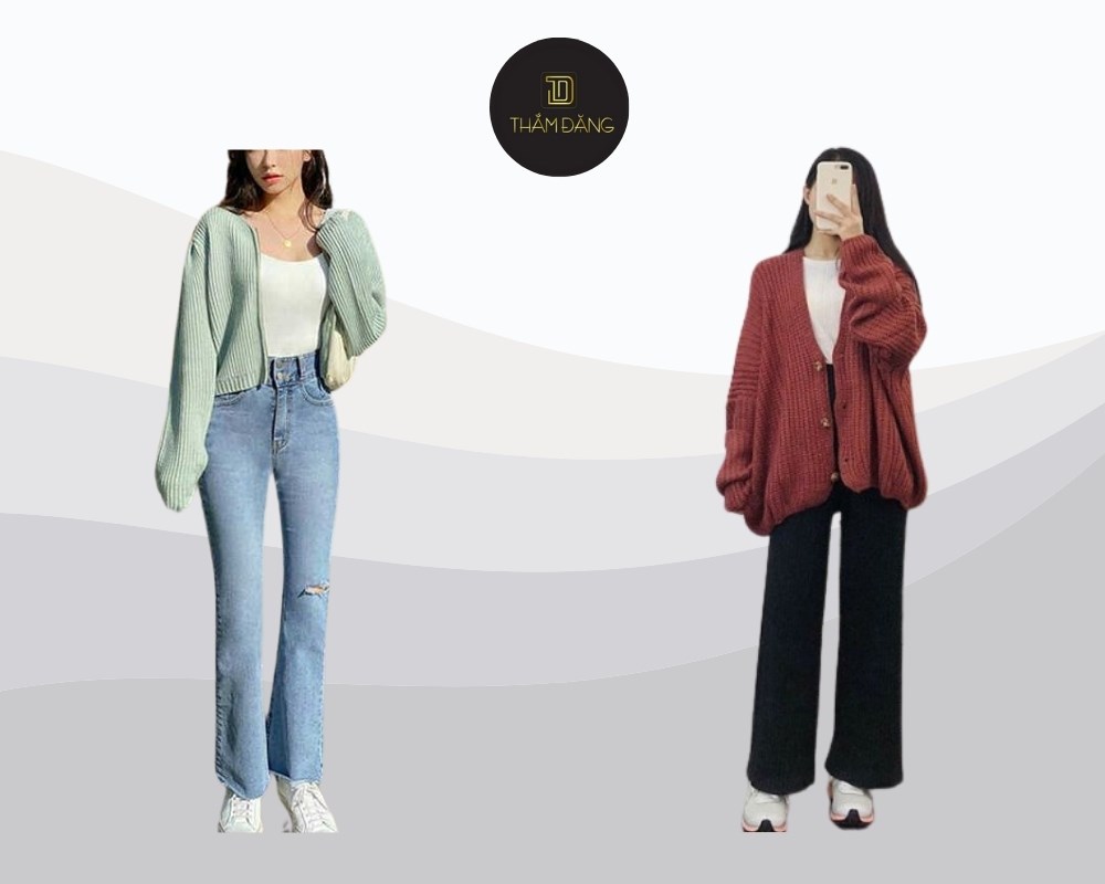 quần ống loe phối áo cardigan tạo sự cuốn hút