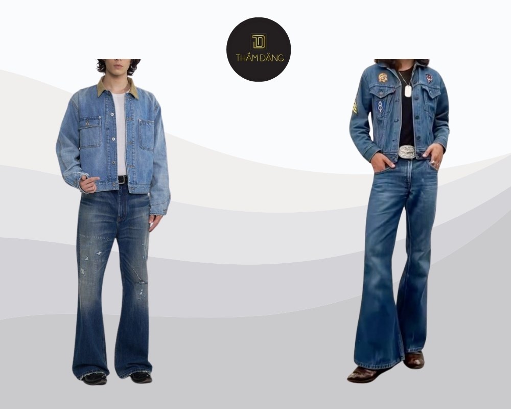 áo khoác denim phối quần ống loe tạo phong cách trẻ trung năng động