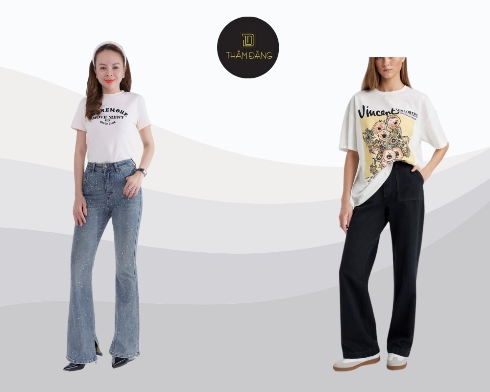 outfit quần ống loe và áo thun thời trang