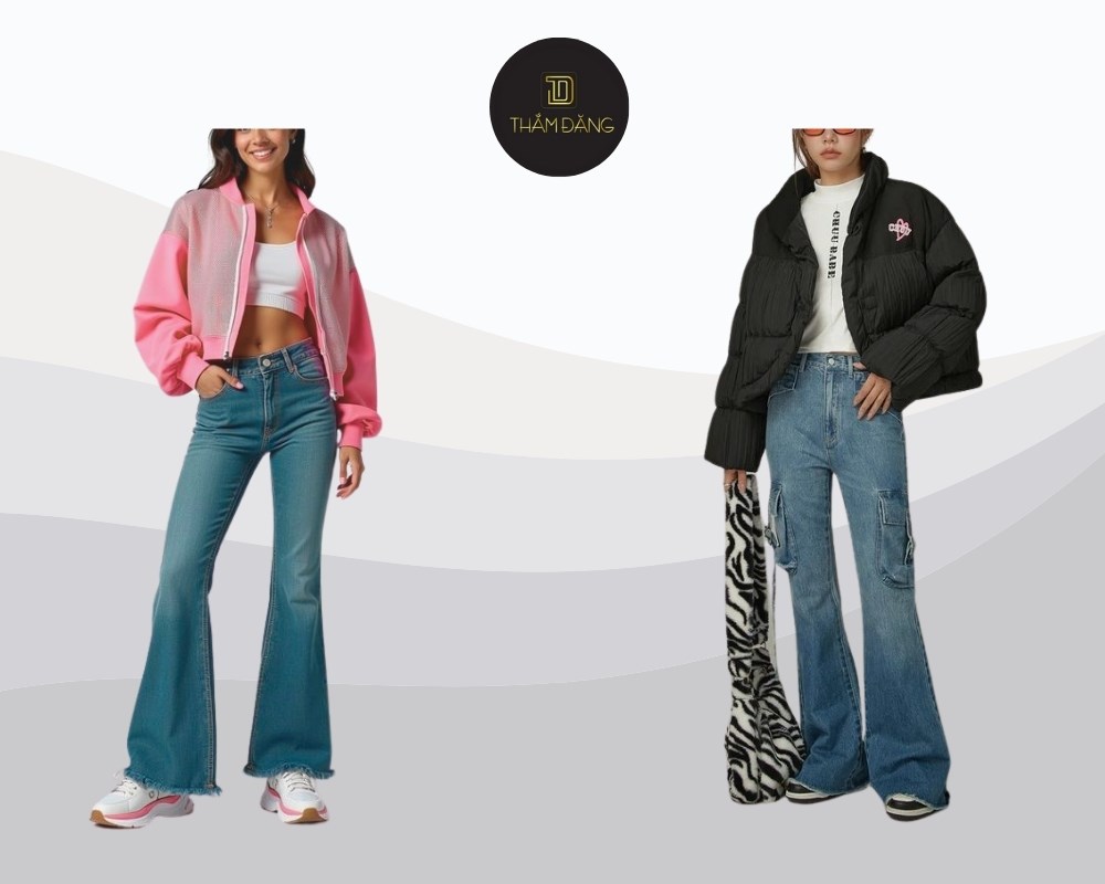 quần ống loe phối áo bomber tạo sự năng động cá tính