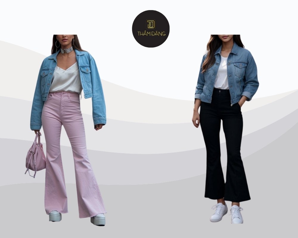 quần ống loe phối áo khoác denim cá tính