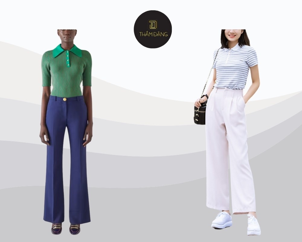 quần ống loe phối áo polo tạo vẻ trẻ trung