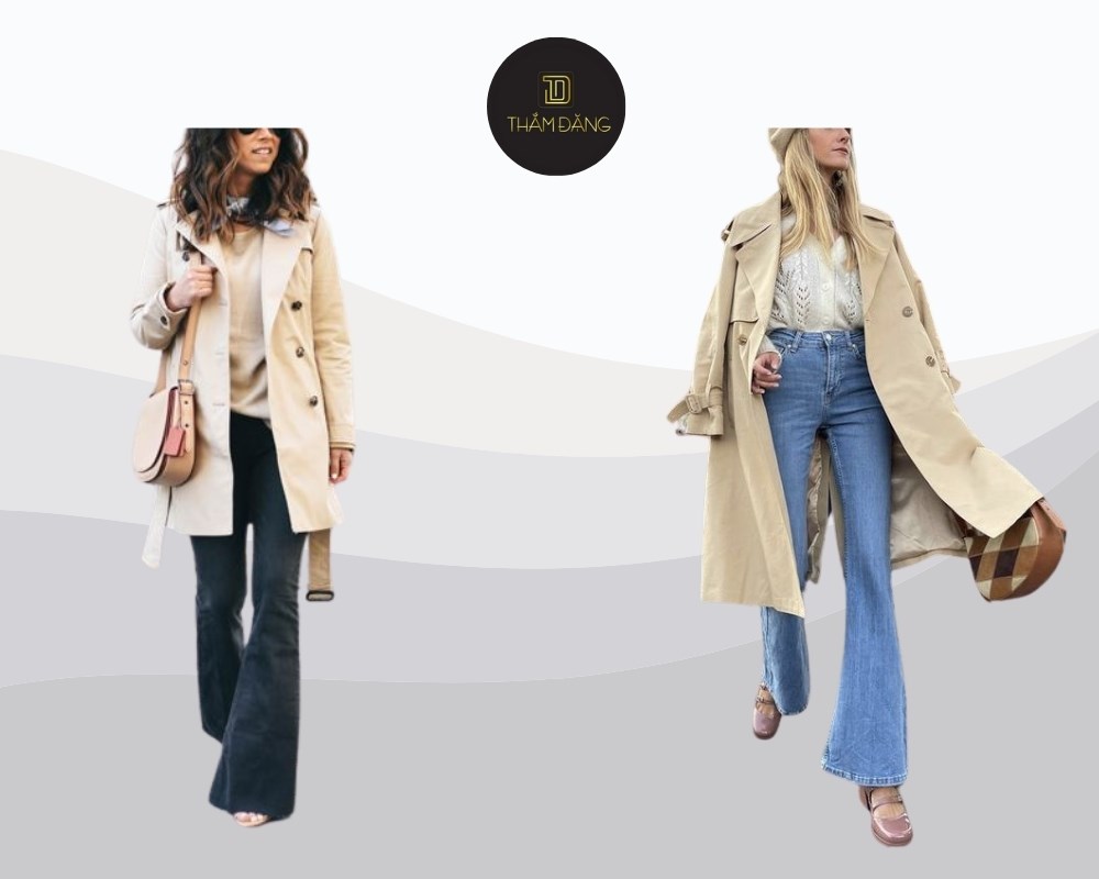 quần ống loe phối trench coat dài sang trọng cho mùa lạnh
