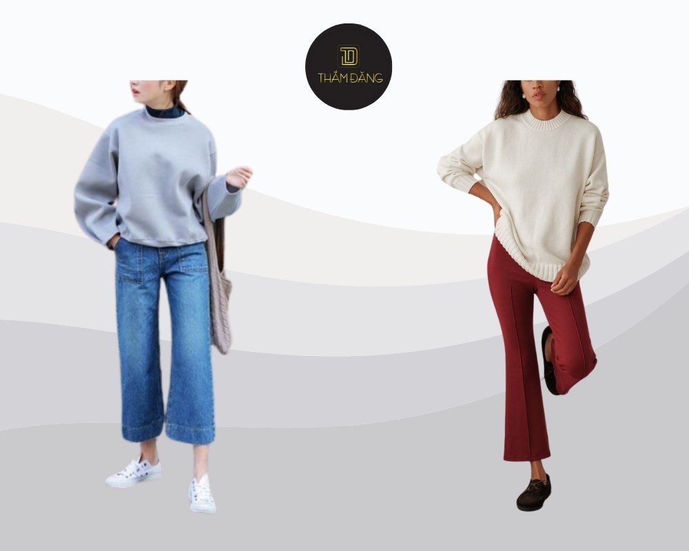 áo sweater phối quần ống loe tạo sự trẻ trung, năng động
