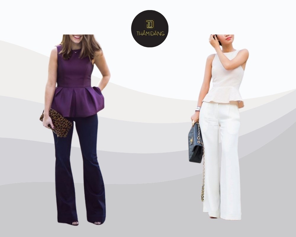 phối quần ống loe với áo peplum thanh lịch