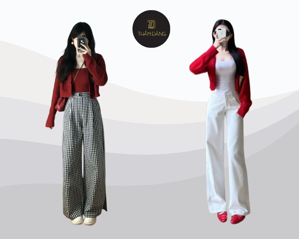 Mặc quần ống rộng cho quý bà với áo cardigan mỏng tạo phong cách nữ tính, thanh lịch và thoải mái