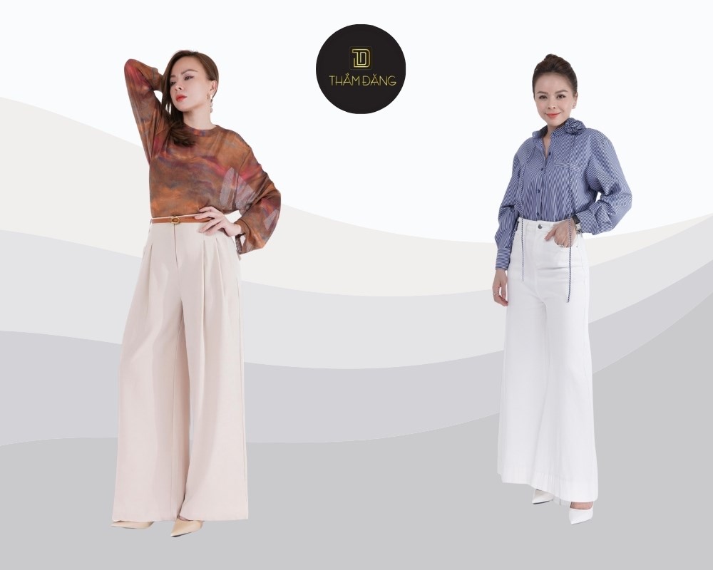 Phối quần ống rộng với áo kiểu trung niên tạo phong cách thanh lịch, tinh tế và sang trọng
