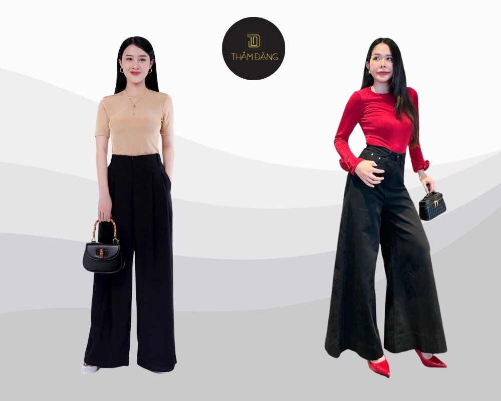 Phối áo thun ôm với quần ống rộng cho quý bà tạo phong cách cân đối, tôn dáng và thoải mái