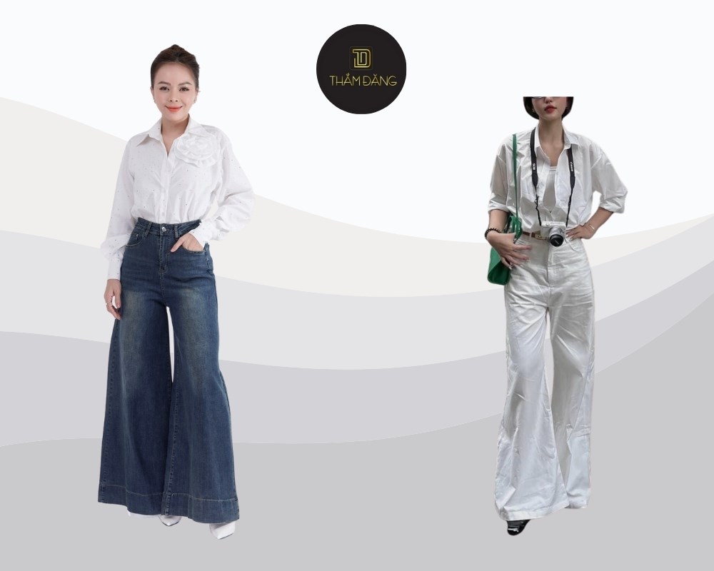 Phối quần ống rộng với áo sơ mi trắng tạo phong cách thanh lịch, tự tin và hiện đại, phù hợp công sở và dạo phố