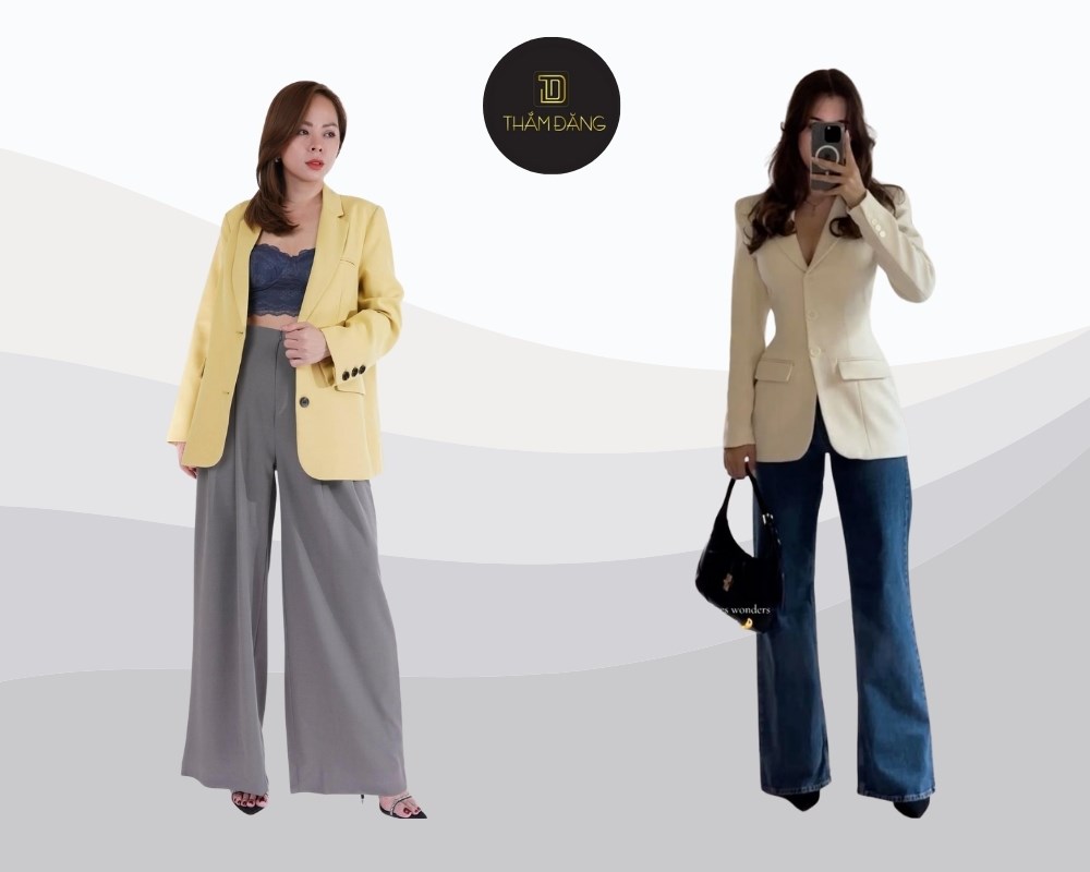 Áo blazer kết hợp quần ống rộng cho quý bà tạo phong cách quyền lực, hiện đại, tinh tế và chuyên nghiệp, phù hợp nhiều hoạt động