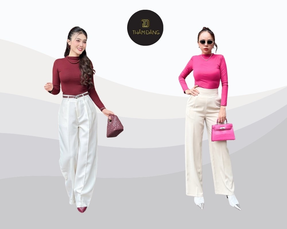 Phối quần ống rộng với áo len cổ cao tạo phong cách ấm áp, sang trọng, thanh lịch