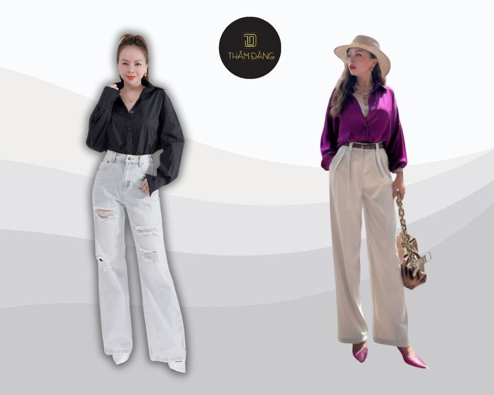 Thanh lịch và chuyên nghiệp với sự kết hợp giữa quần ống rộng và áo sơ mi. Đơn giản nhưng không kém phần nổi bật