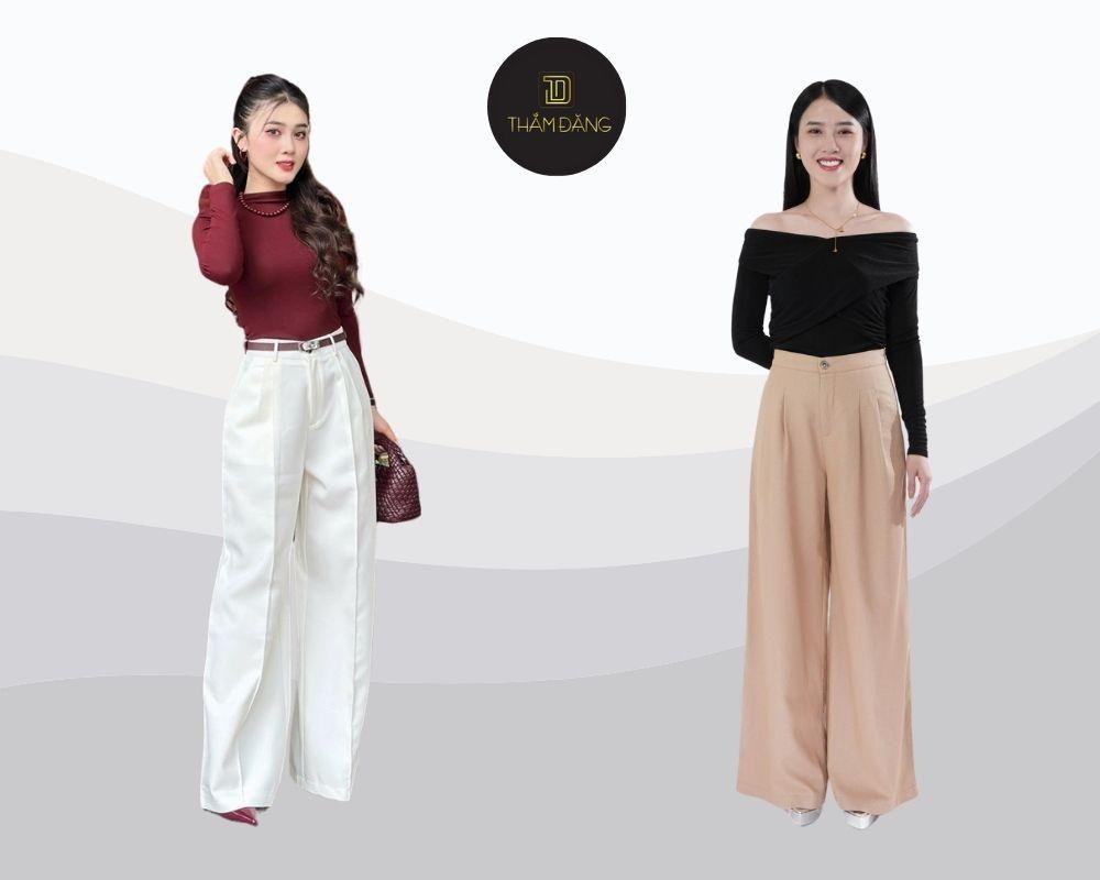 Quần ống rộng lưng cao tại Thắm Đặng mang lại hiệu ứng chân dài, thon gọn và dễ dàng phối với áo sơ mi hoặc áo crop top, hoàn hảo cho cả công sở và dạo phố