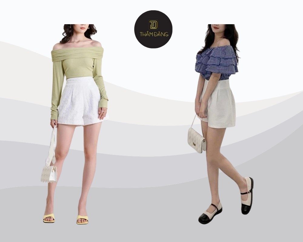 Kết hợp quần short ống rộng với áo trễ vai tạo phong cách quyến rũ, nữ tính và tinh tế