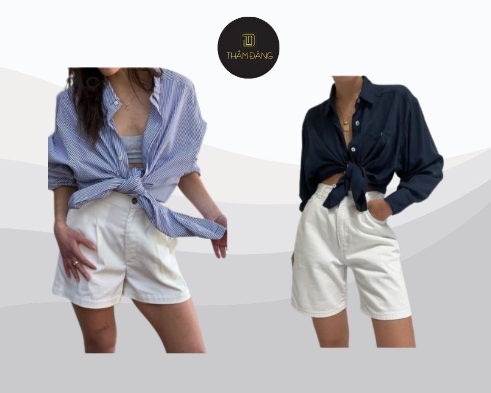 Mix quần short trắng dáng suông cùng áo sơ mi buộc vạt tạo nên phong cách cá tính, trẻ trung và cực kỳ cuốn hút