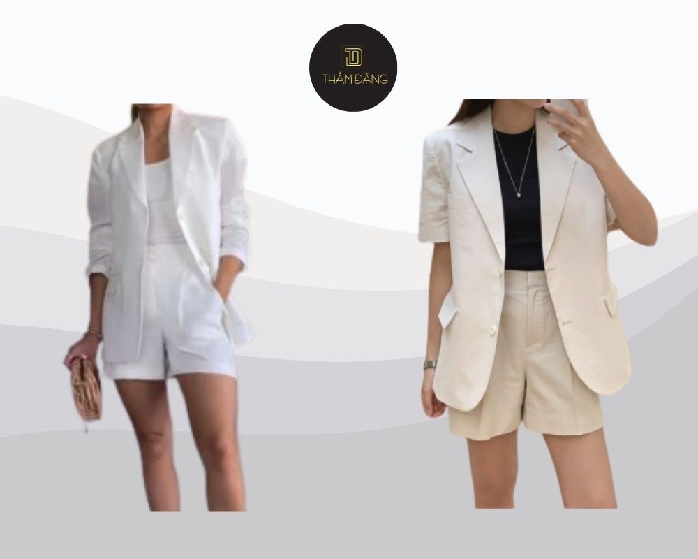 Kết hợp quần short trắng ống rộng với áo blazer màu pastel là cách phối vừa hiện đại vừa lịch sự, thích hợp cho nhiều hoàn cảnh