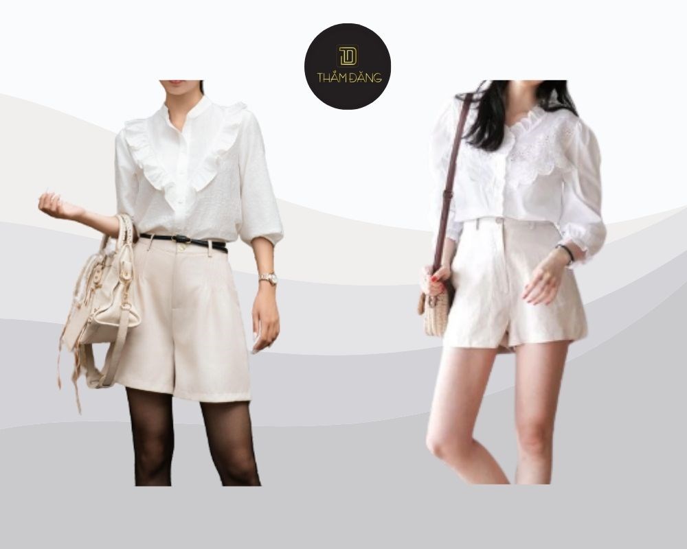 Kết hợp quần short trắng lụa với áo blouse tay bồng giúp bạn phối đồ nữ tính, nhẹ nhàng, phù hợp mọi dịp đặc biệt