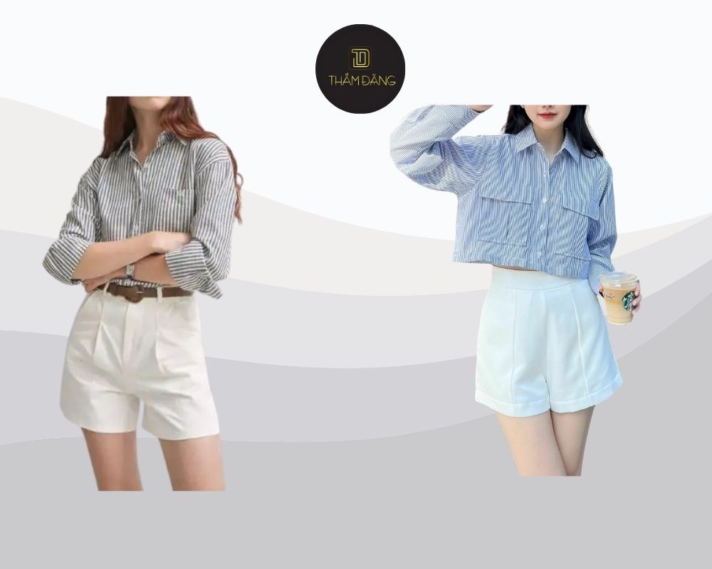 Kết hợp quần short trắng cạp giấy với áo sơ mi kẻ sọc là cách phối mang đậm phong cách Hàn Quốc, trẻ trung, dễ thương