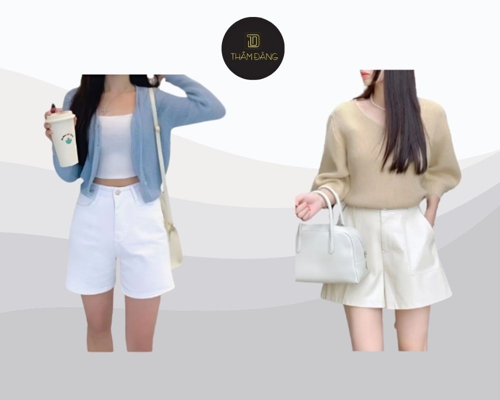 Phối quần short trắng dáng chữ A với áo len mỏng là cách mix giúp tôn dáng, che khuyết điểm và tạo vẻ ngoài thanh lịch