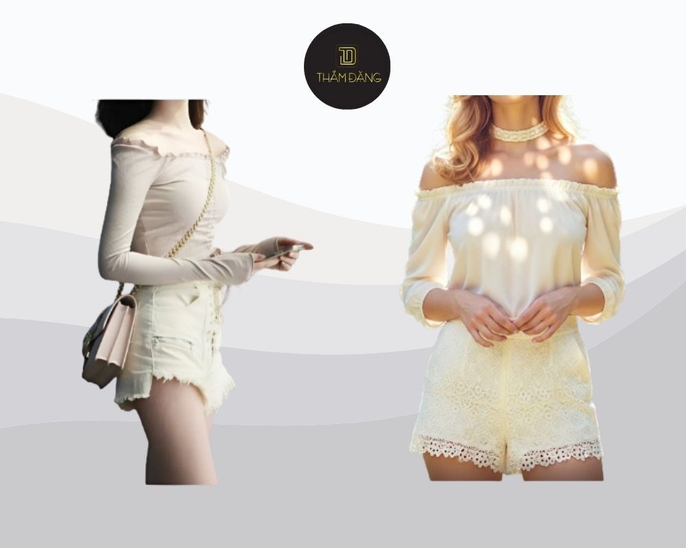 Mix quần short trắng phối ren với áo trễ vai là lựa chọn hoàn hảo cho những cô nàng yêu thích sự nữ tính, quyến rũ và gợi cảm