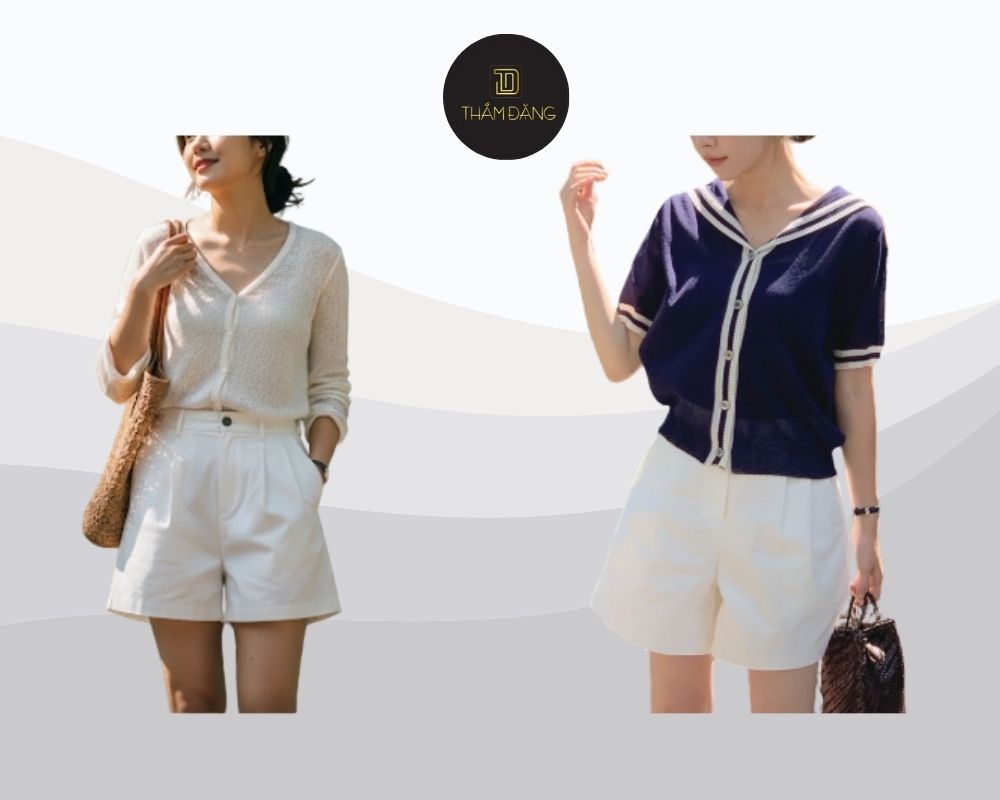 Mix quần short trắng với áo cardigan mỏng là lựa chọn tuyệt vời cho những ngày se lạnh, mang đến vẻ ngoài nhẹ nhàng, nữ tính, thanh lịch và hài hòa.