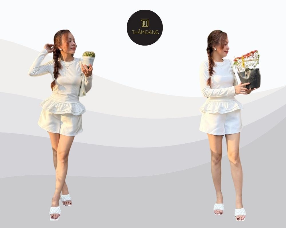Áo peplum trắng kết hợp quần short trắng tạo nên vẻ ngoài thanh lịch, tôn dáng và vô cùng sang trọng.