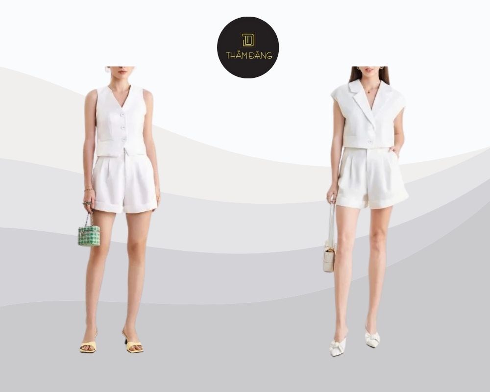 Áo vest không tay phối cùng quần short trắng mang đến vẻ ngoài hiện đại, cá tính và thanh lịch.