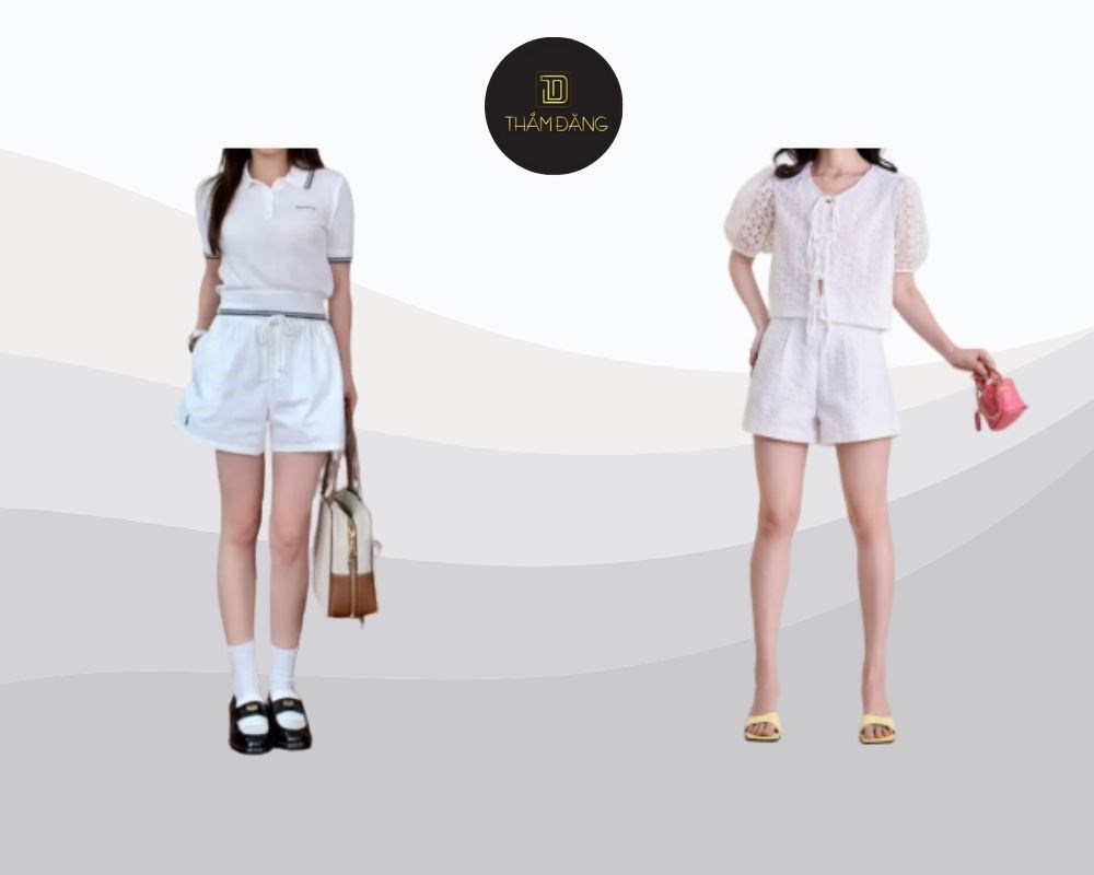 Với vóc dáng nhỏ nhắn, quần short trắng lưng cao kết hợp cùng áo crop top hoặc áo dài vừa phải là lựa chọn lý tưởng để tạo cảm giác cao hơn.