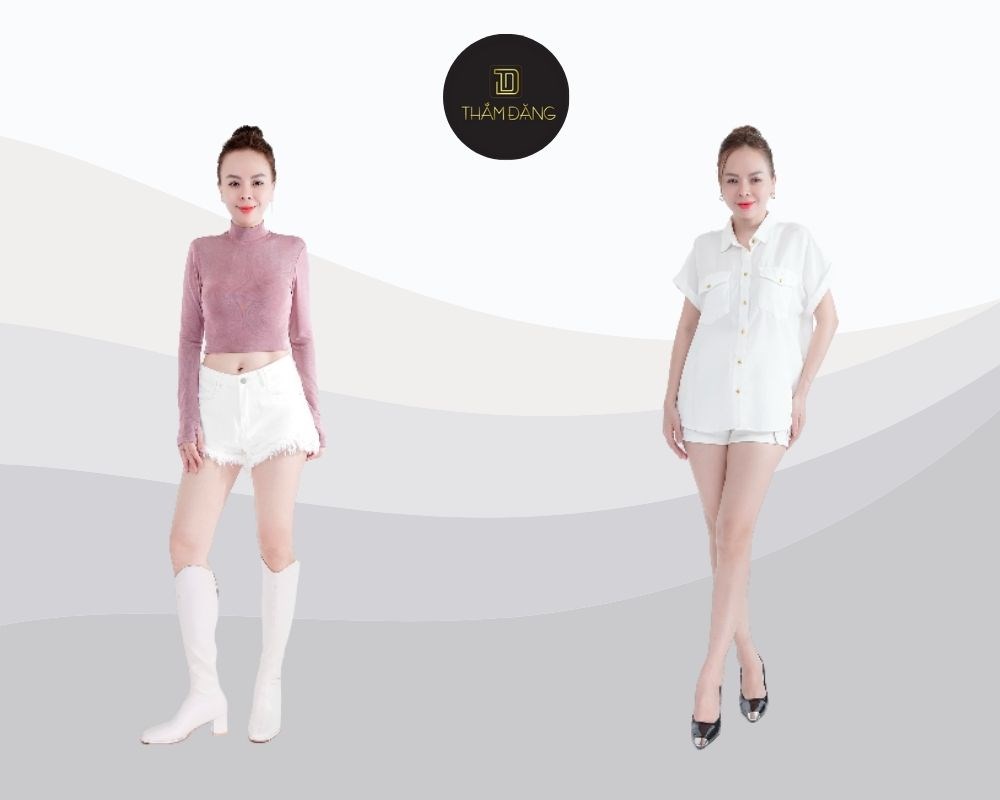 Ưu tiên chọn quần short trắng có đai lưng giúp vùng hông đầy đặn hơn cho người có cơ thể thiếu đường cong