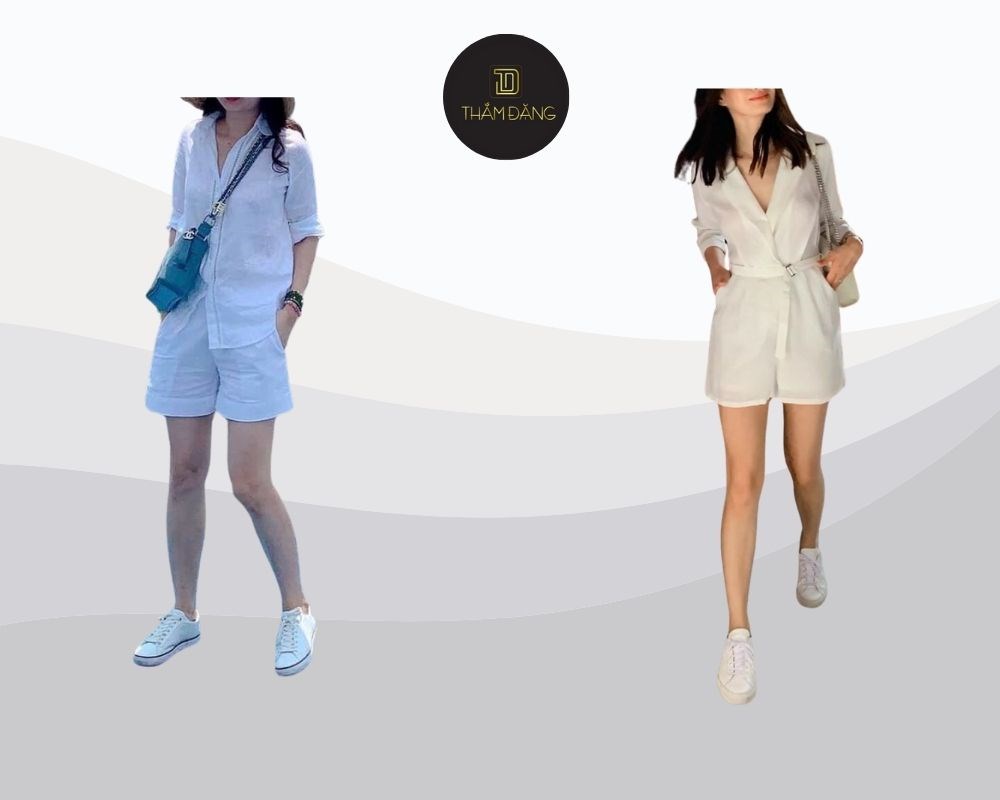 Quần short vải cotton/trơn trắng là lựa chọn cổ điển, phù hợp với mọi hoàn cảnh