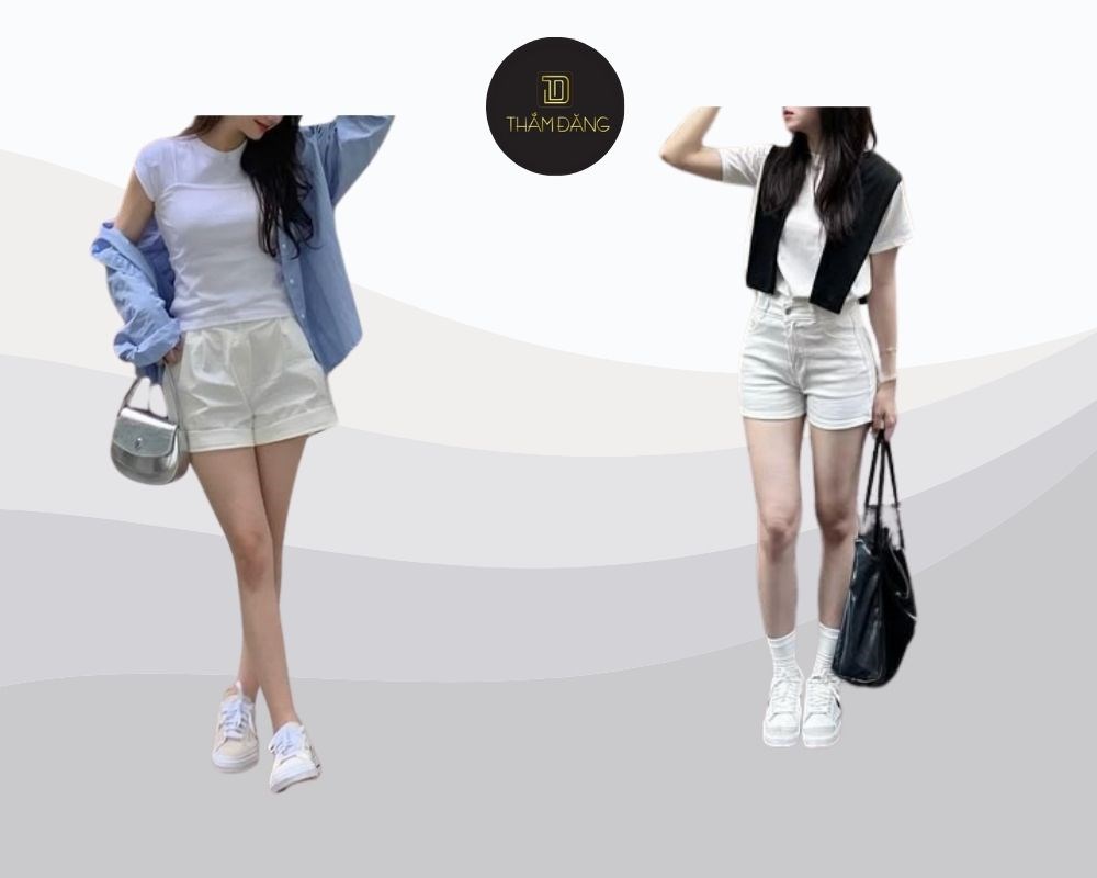 Phối quần short jeans trắng với áo thun basic là cách mix đồ đơn giản nhưng không kém phần trẻ trung, năng động và tạo nên sự tương phản hài hòa.