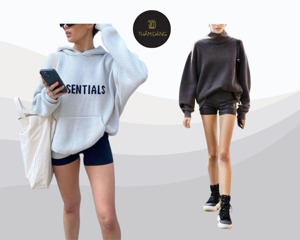 Sự kết hợp giữa quần short da và áo hoodie tạo nên vẻ ngoài cá tính và mạnh mẽ, hoàn hảo cho phong cách street style