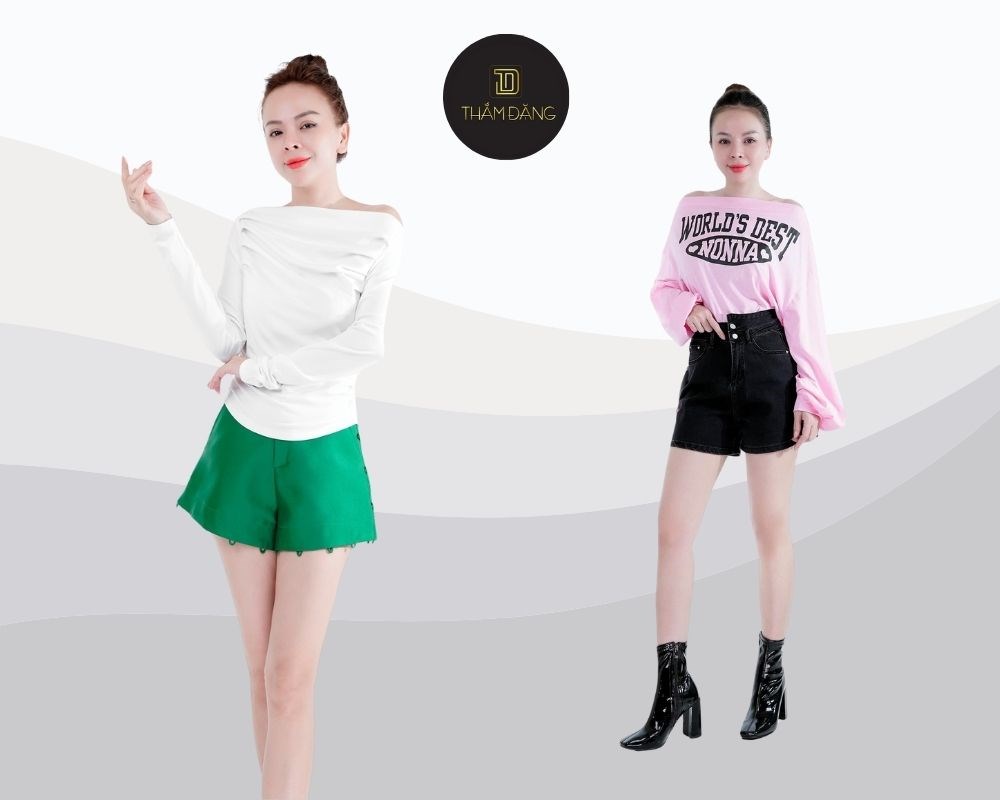 Kết hợp áo trễ vai ngắn và quần short jean đen nữ (quần short jean nữ đen), bạn sẽ có được vẻ ngoài nữ tính, duyên dáng nhưng không kém phần quyến rũ