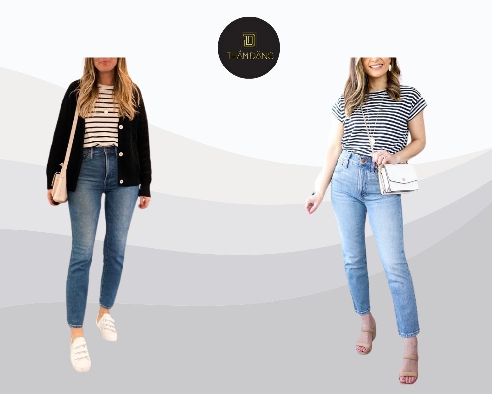 áo thun kẻ ngang kết hợp quần skinny năng động