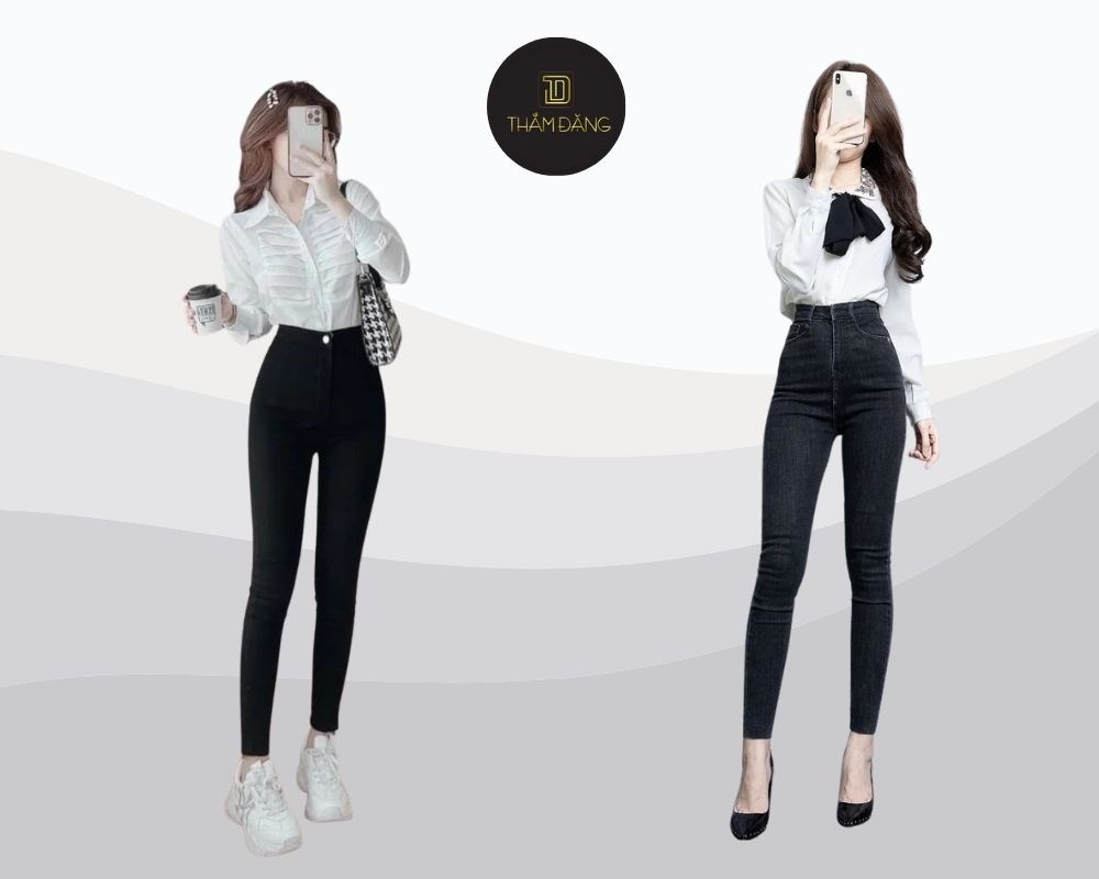 Quần skinny bó sát kết hợp với áo sơ mi mang đến vẻ ngoài thanh lịch và chuyên nghiệp, là lựa chọn hoàn hảo cho môi trường công sở