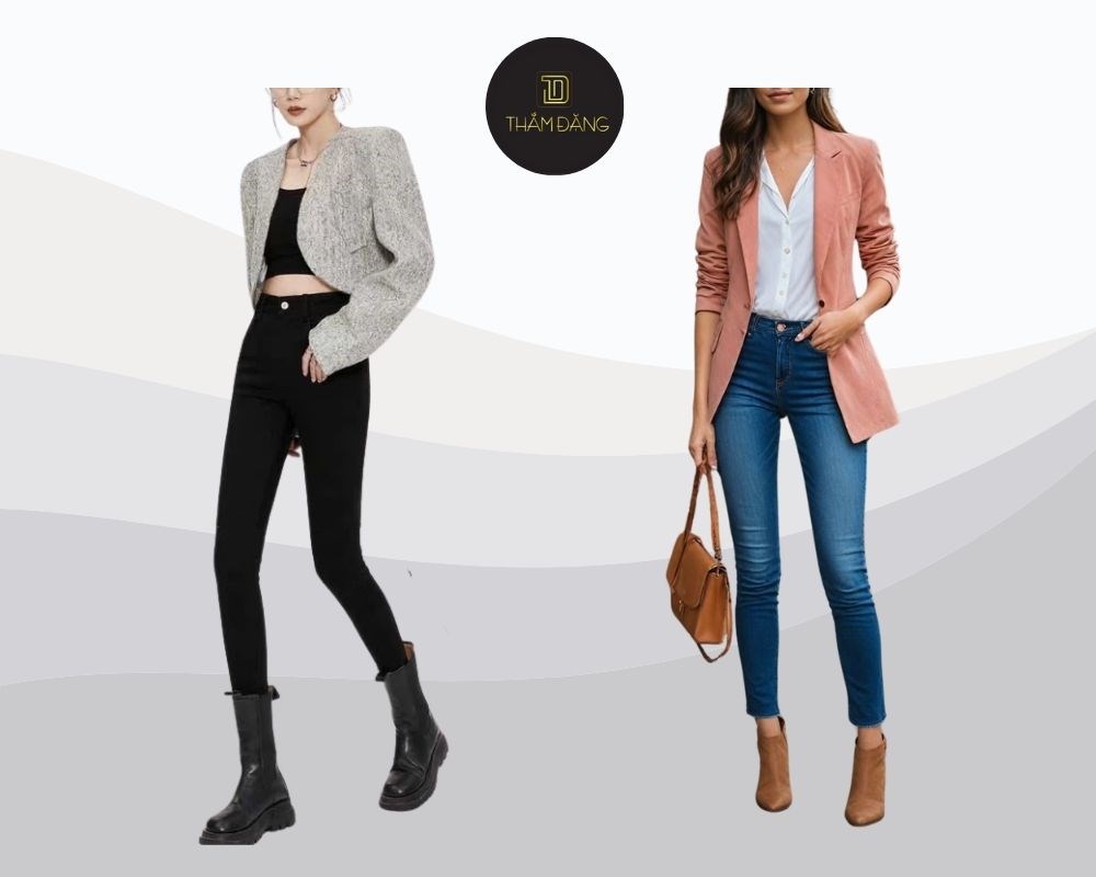 Quần jean nữ skinny và blazer là công thức thời trang không thể thiếu, tạo nên vẻ ngoài sang trọng, chuyên nghiệp cho mọi sự kiện