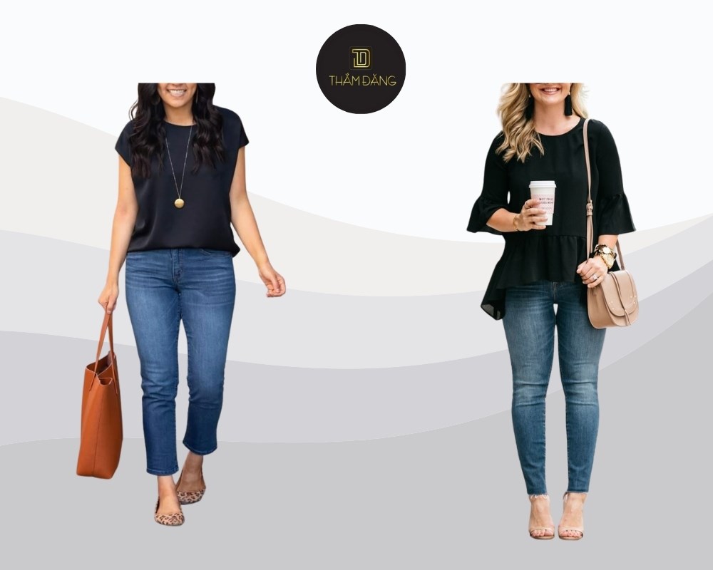 áo suông phối quần skinny cạp cao giúp cơ thể cân đối hơn
