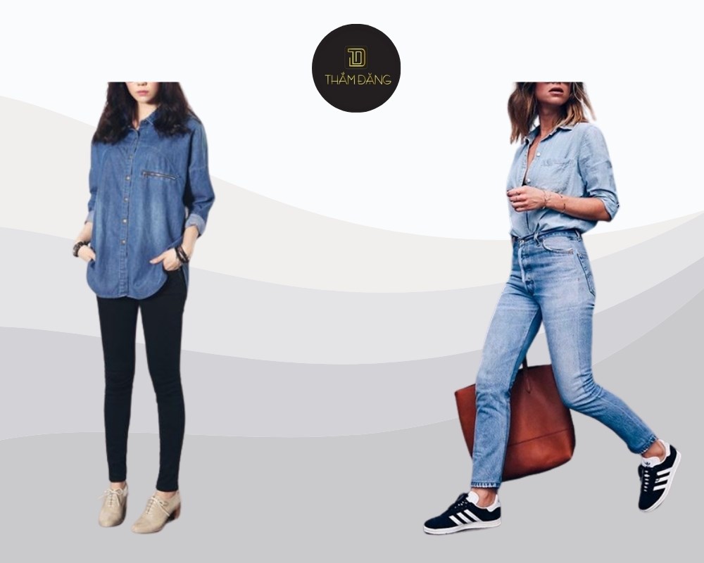 áo sơ mi denim phối quần skinny siêu hack dáng